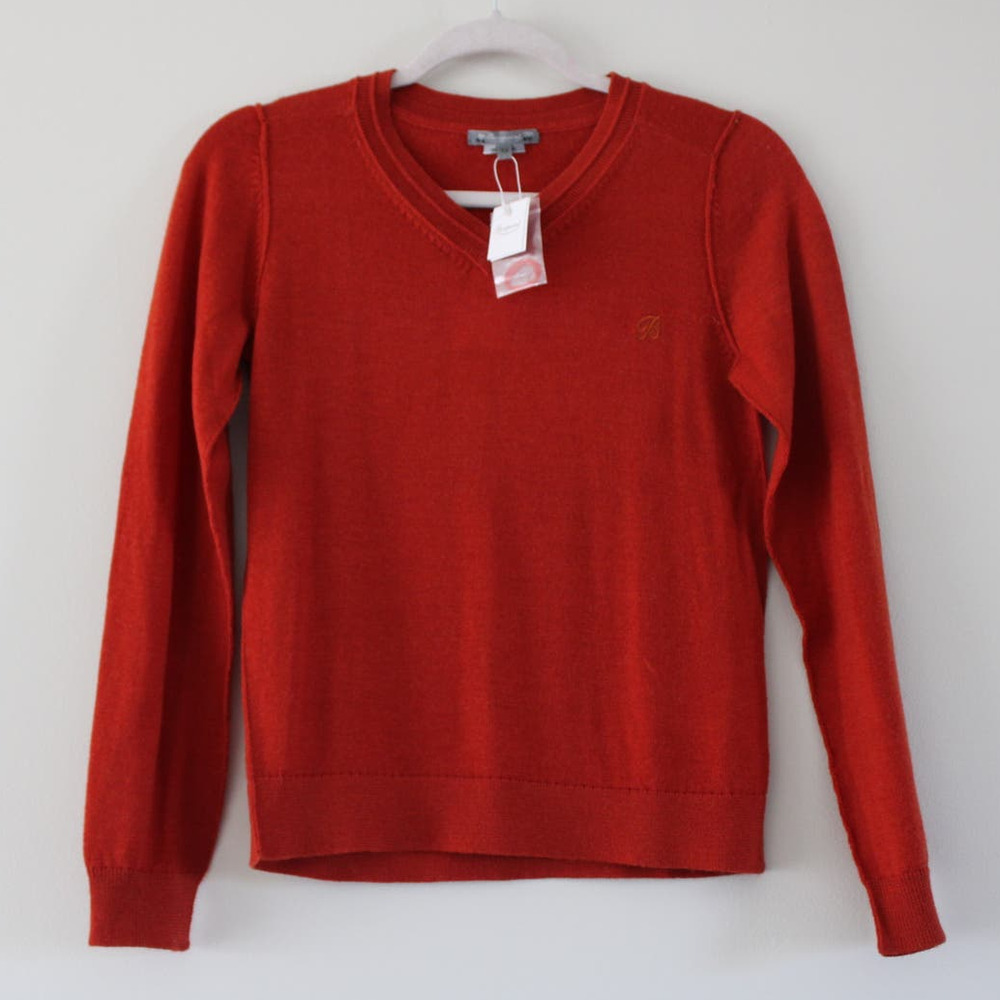 NWT‎ Bonpoint Boys Wool Pumpkin Red Orange V Neck Sweater B Embroidered 12